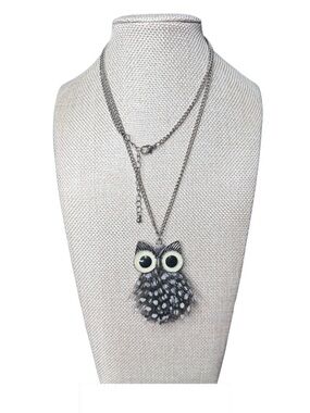 Owl Pendant Necklace - Black & White Feather Charm